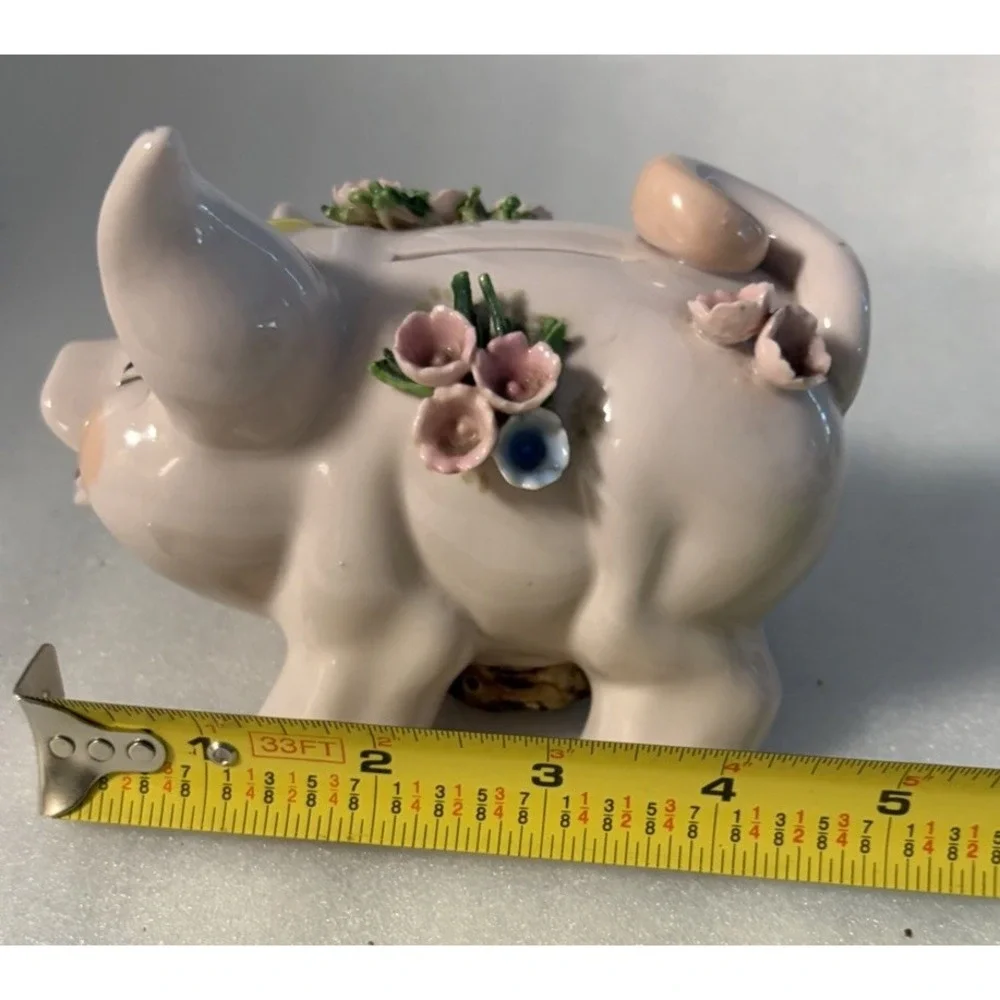 Vintage Lefton Japan Piggy Bank Applied Porcelain Flowers Pink Pig Coin Bank